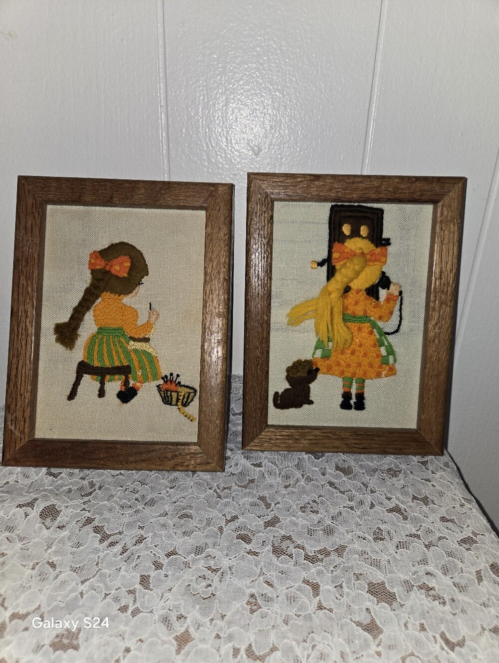 Vintage Needlepoint Set-Country Girl Doing Crochet Wood Frames 8x6x1.5